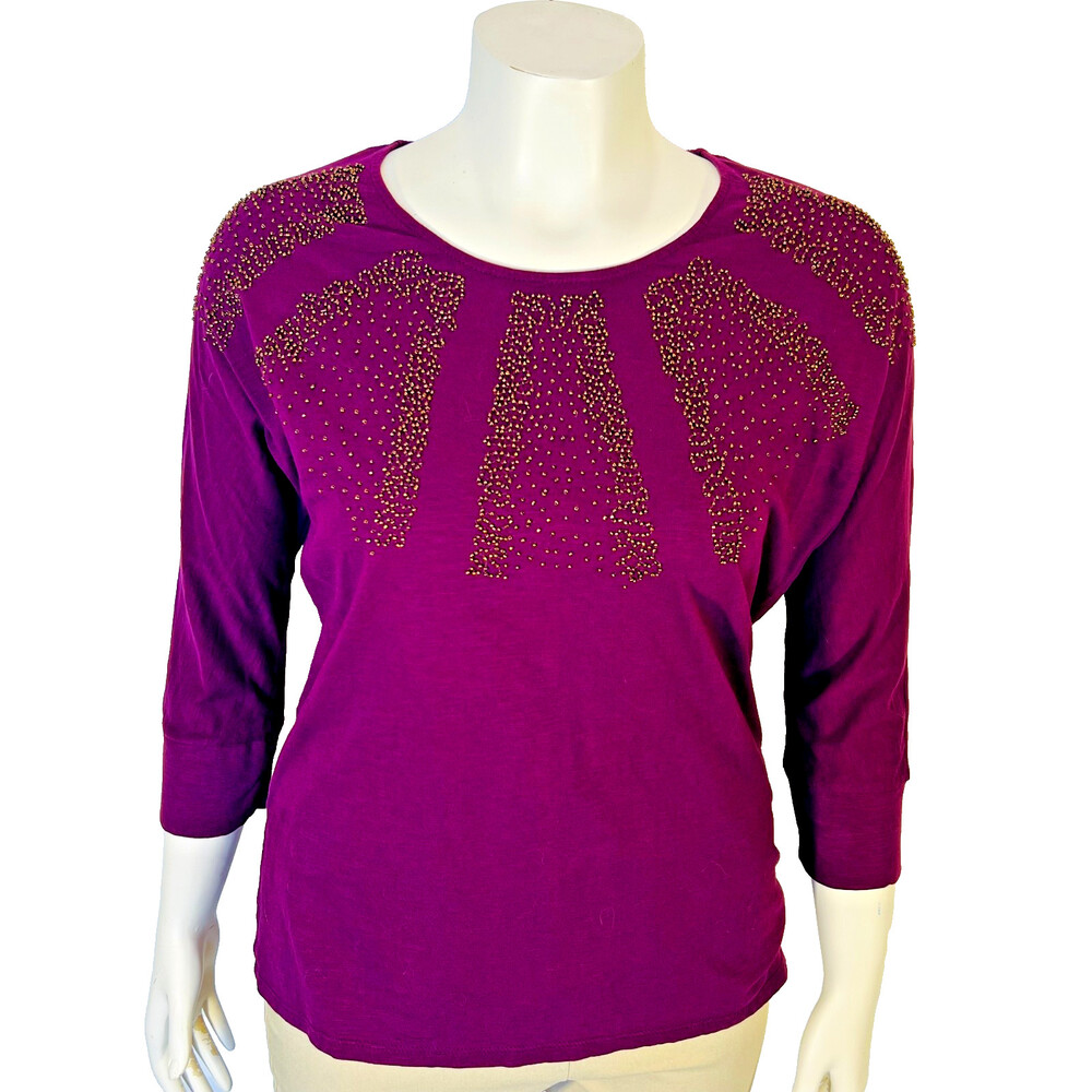 Coldwater Creek Blouse Womens L Size 14 Dark Purple Copper Beaded Boat Neck